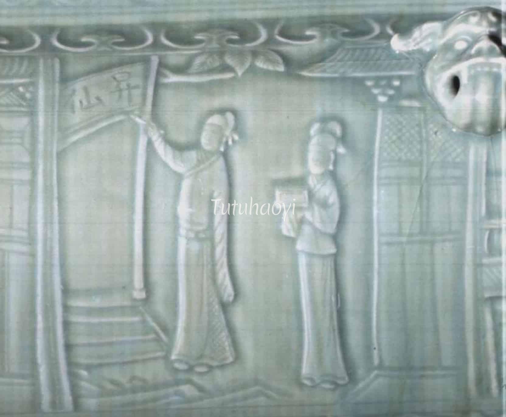 Longquan ware jar, Sima Xiangru with wife inscribing on a bridge