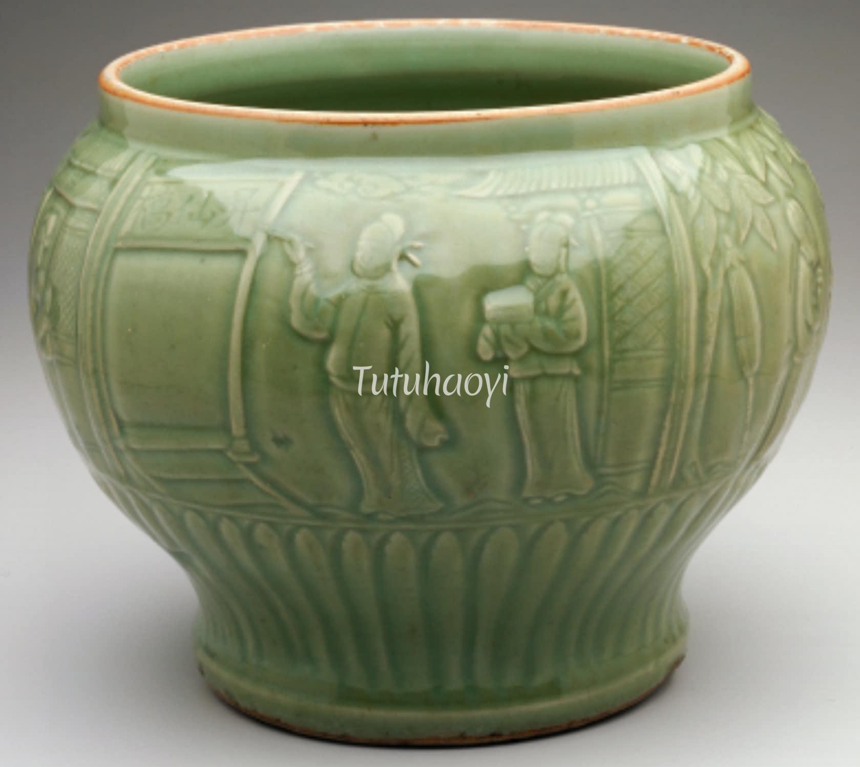 Ming dynasty celadon Jar depicting Sima Xiangru inscribing on a bridge