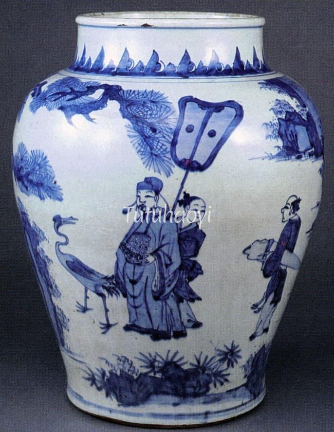 porcelain jar painted with Zhao Bian crane and zither