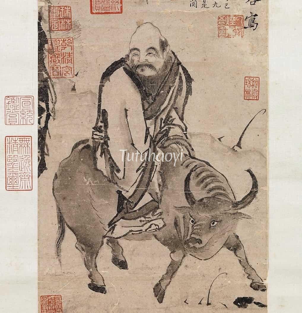 Laozi riding on a buffalo, hanging scroll, ink on paper by Chao Buzhi 