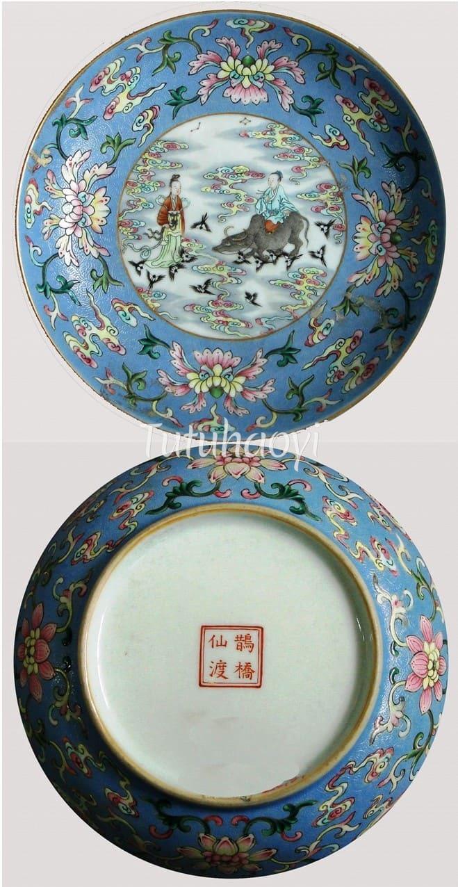 famille rose porcelain depicting Weaving Maiden and Herd Boy reuniting with Chinese characters 'Que Qiao Xian Du'