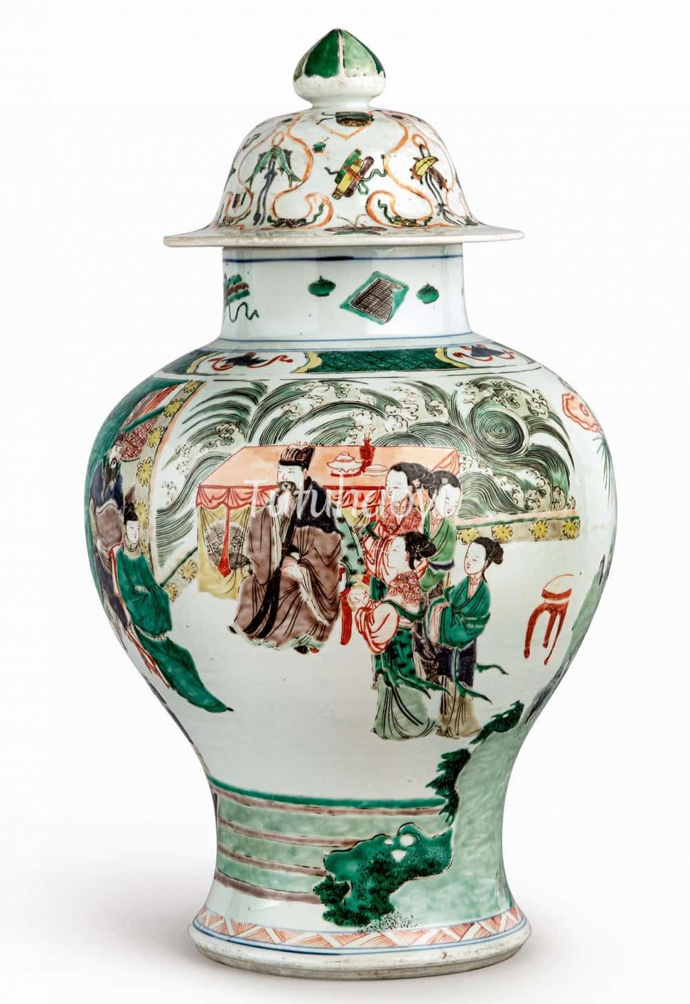 Kangxi famille verte baluster jar Li Jing Red fly whisk girl