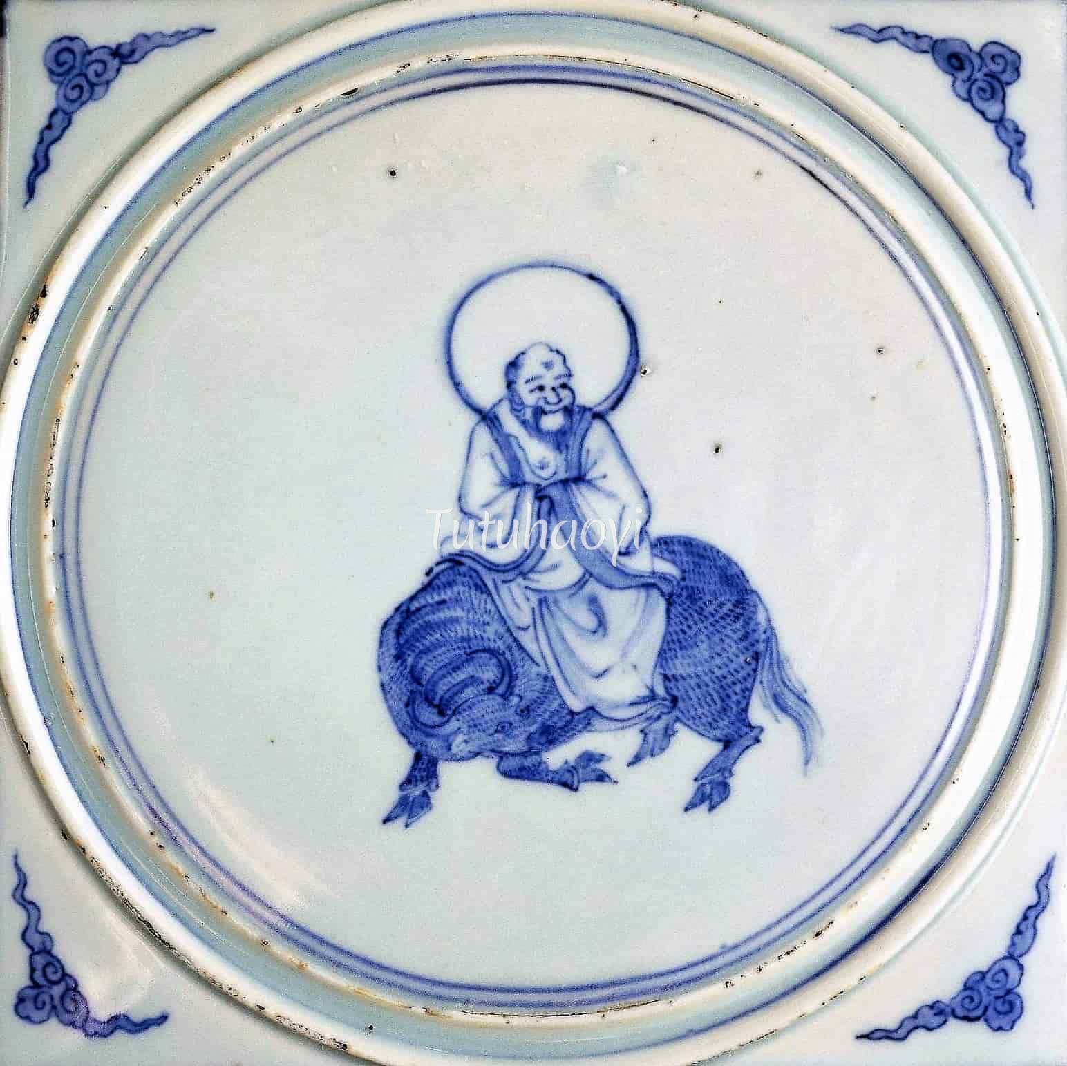 blue-and-white tile with Laozi riding on a buffalo, Wanli period