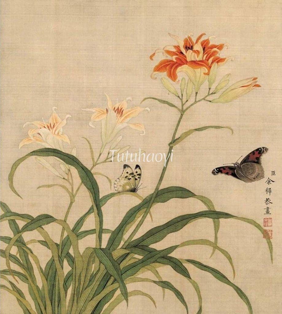 ink and colour on silk painting of lily flowers and butterflies by Yu Zhi,