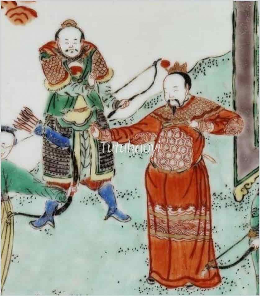 emperor pointing at a woman holding an arch bow