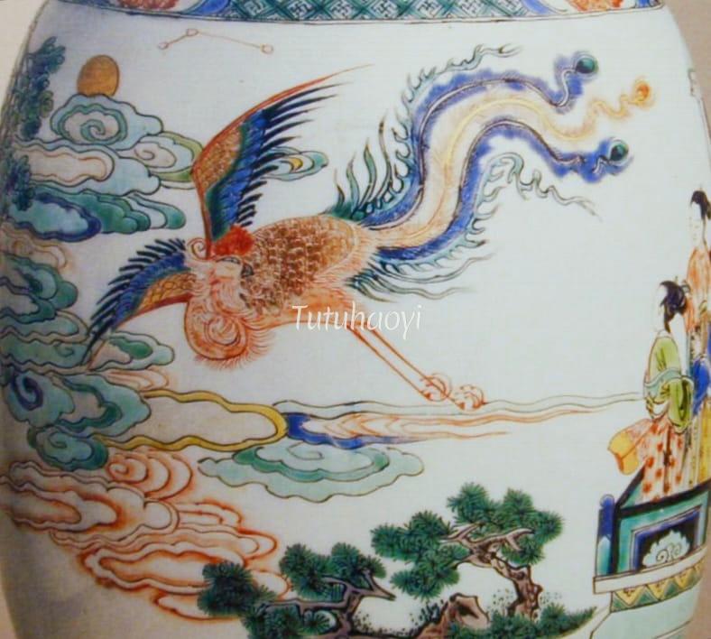 porcelain lantern phoenix and figural story of Xiao Shi playing flute