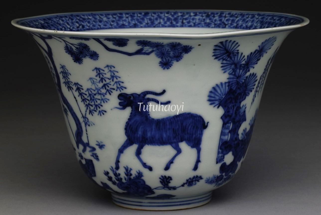 Jiajing blue and white bowl three goats Tutuhaoyi
