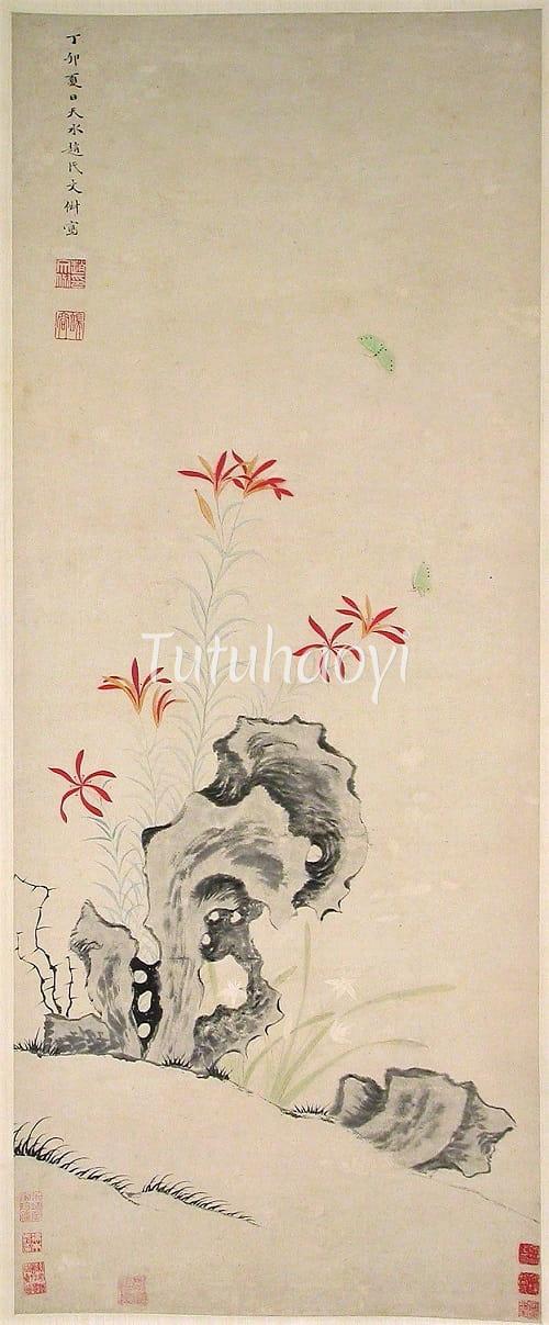 Rock Tiger Lily Orchid hanging scroll After Zhao Wenchu