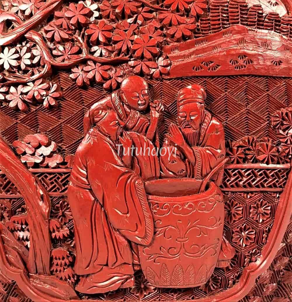 carved lacquer ware painted with San Suan Tu 三酸图 detail