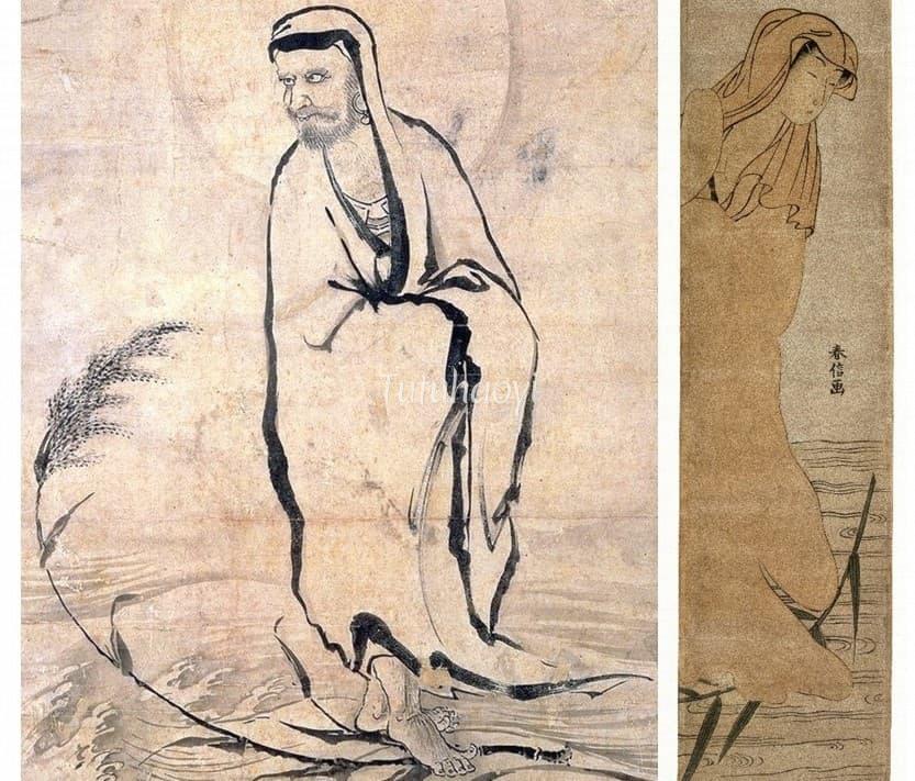 image comparison of Bodhidharma crossing the Yangtse River on a reed