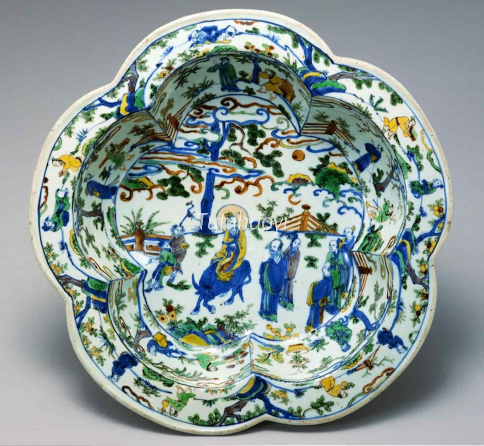 porcelain basin with enamelled decoration of Confucius consulting Laozi, Wanli period
