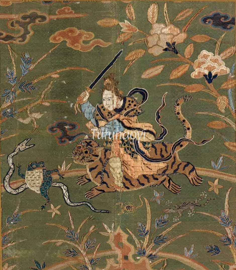 fairy riding tiger waving sword toward five poisons