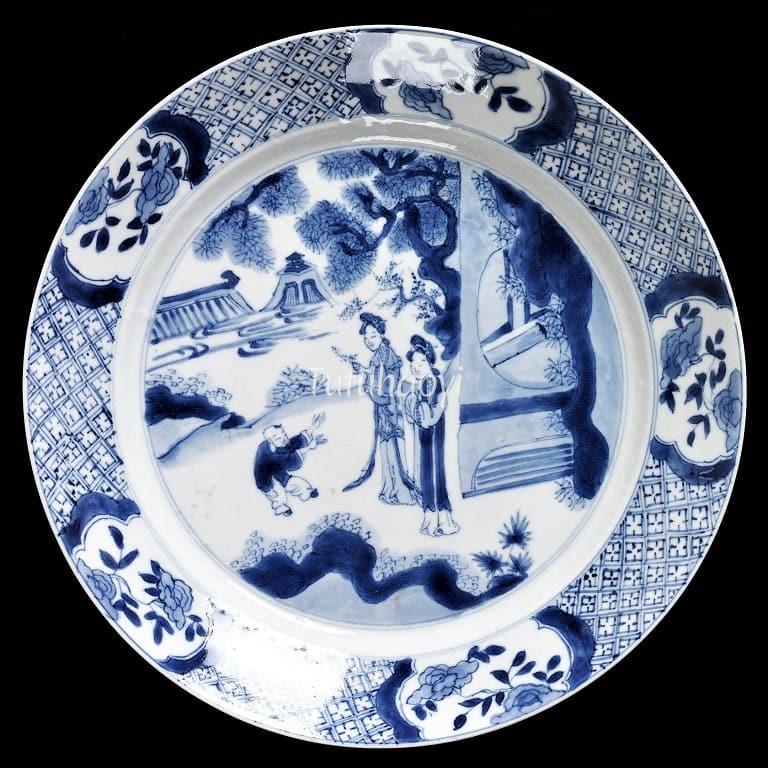 blue-and-white porcelain dish Kangxi ladies osmanthus boy