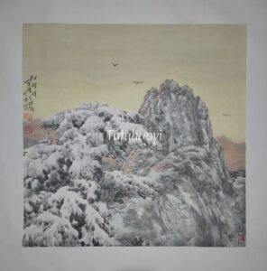 Geng Shuwei ink and colour painting pine trees snowy mountains